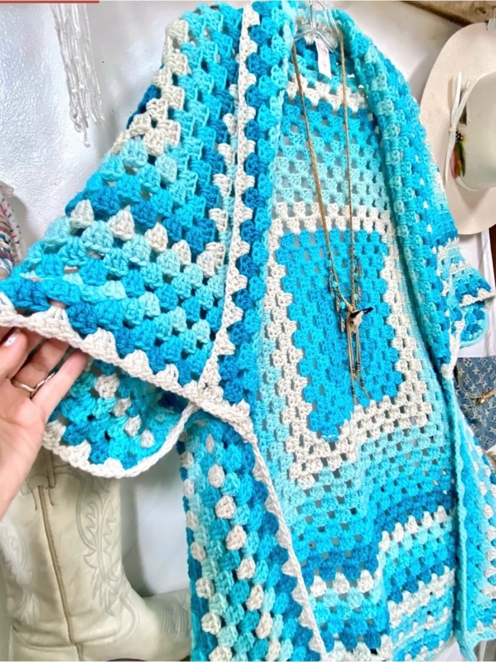 Hand-Crocheted Open Front Cardigan Sweater - Turquoise & Cream - Picture 4 of 10